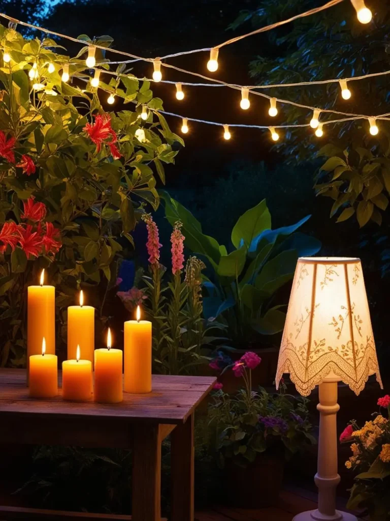 An outdoor evening scene illuminated by creative lighting, featuring string lights above a garden, pillar candles of varying heights on a wooden table, and a lace-covered lampshade glowing softly.