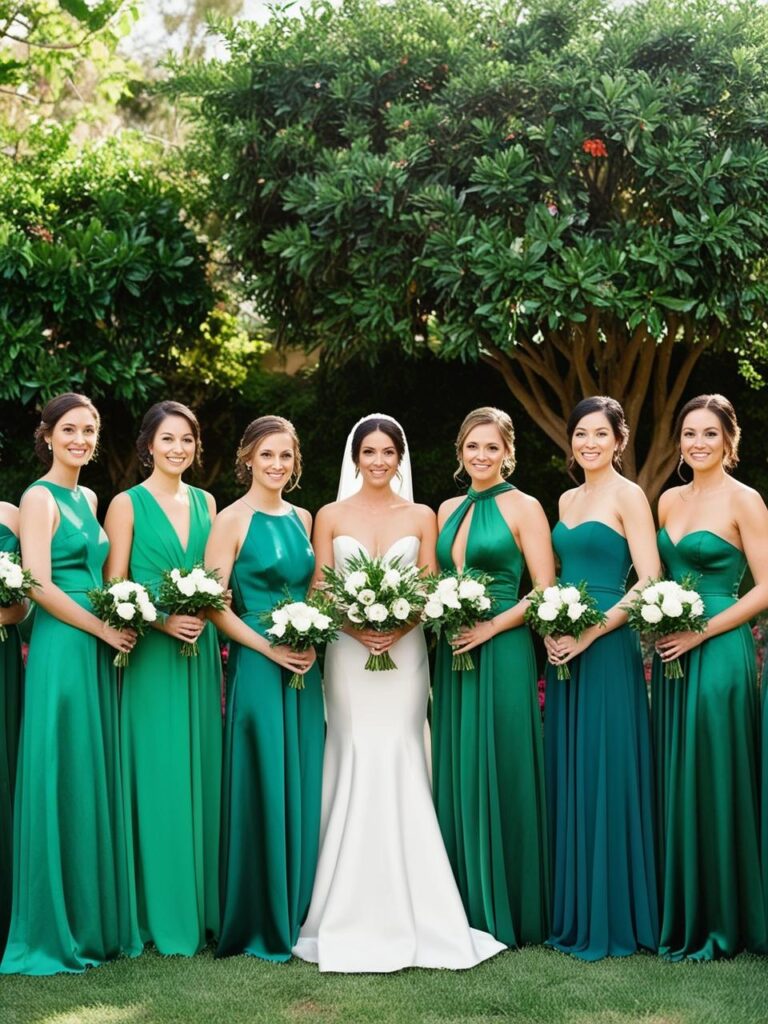 Bridal party in mismatched emerald green dresses