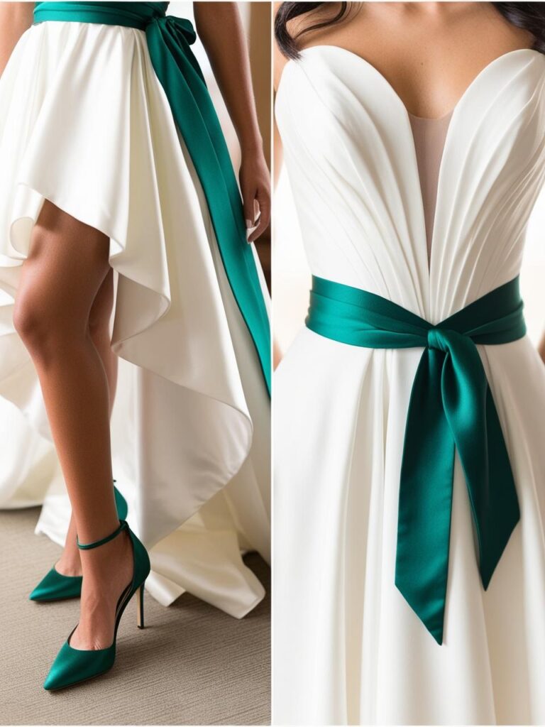 Bride wearing elegant emerald green heels and emerald green sash