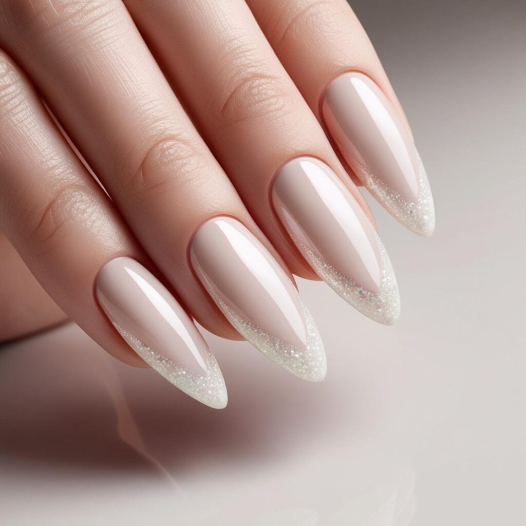 Classic French tips with a modern twist almond-shaped nails and a hint of shimmer along the tips