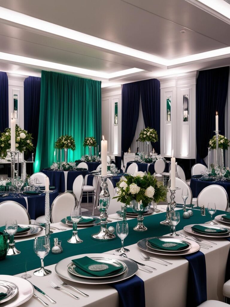 Emerald green, navy blue and silver