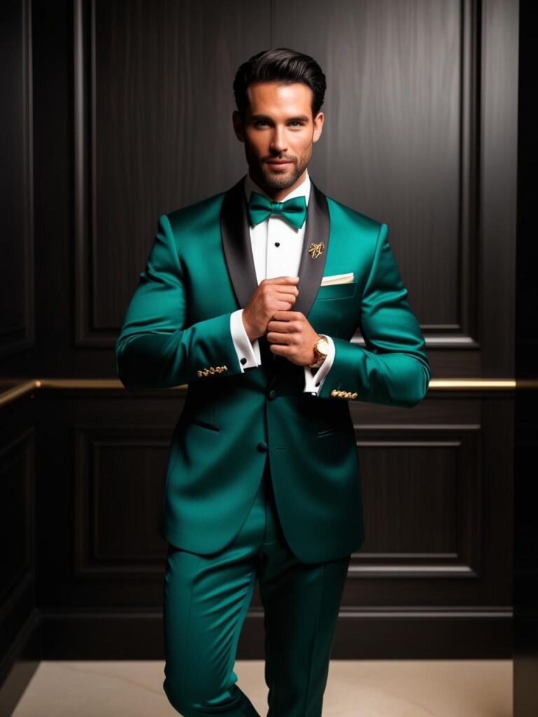 Groom wearing a striking emerald green tuxedo