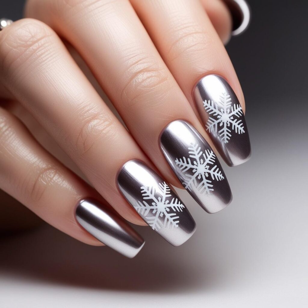 Metallic silver nails with a glossy finish and added delicate snowflake design
