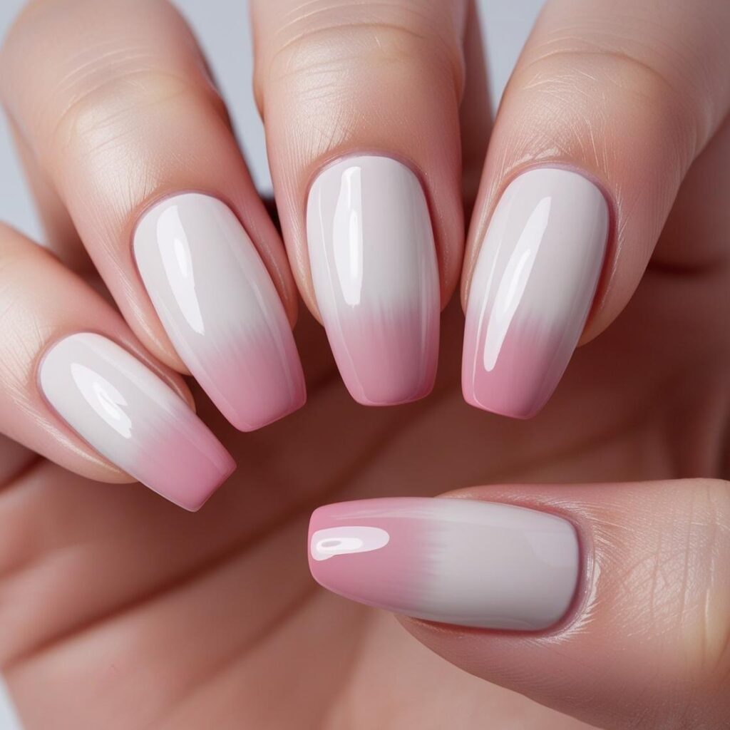 Nude gel nails with a glossy finish and a subtle ombré effect