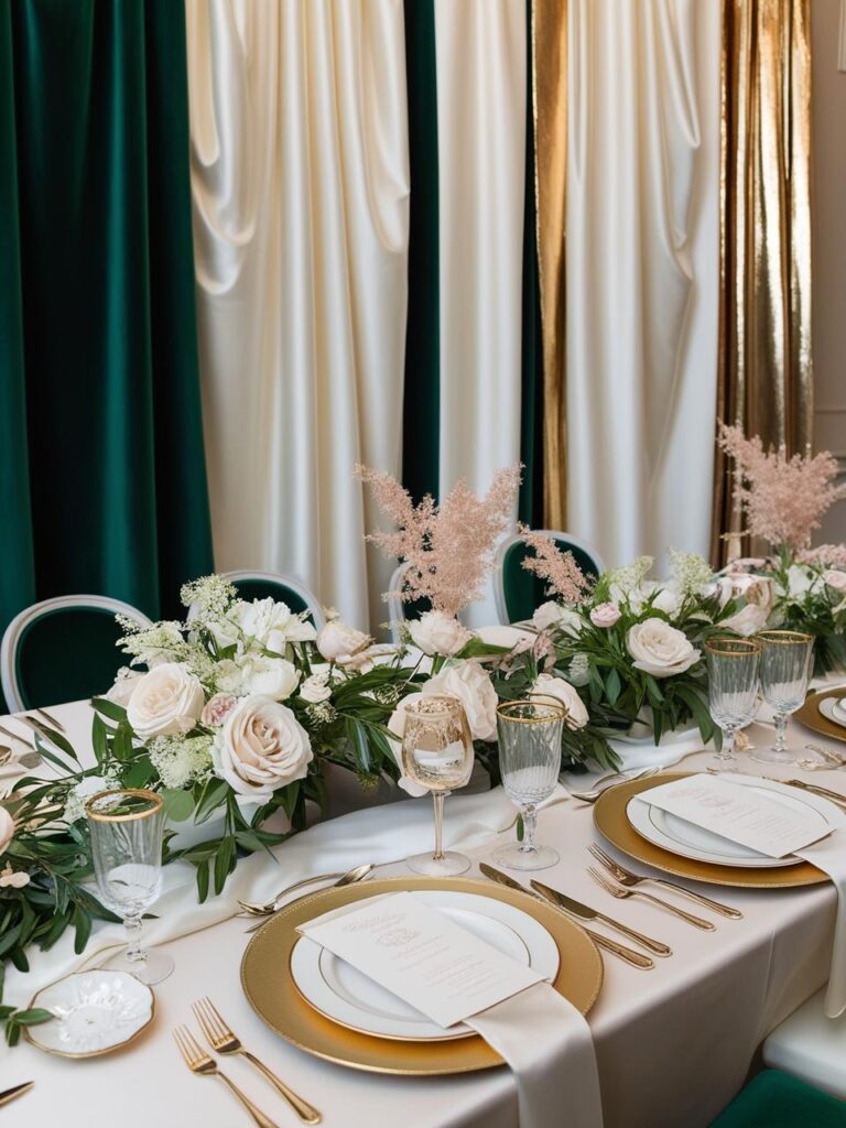Rich emerald green accents, gold metallic details and soft ivory elements
