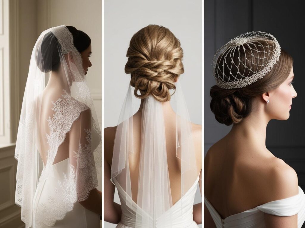 Showing three different veil placements with updos