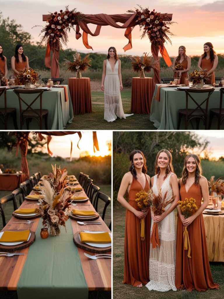 Terracotta-hued floral arch, sage green table runners, and mustard color accents