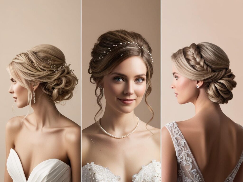 Three elegant bridal updo hairstyles shown from different angles