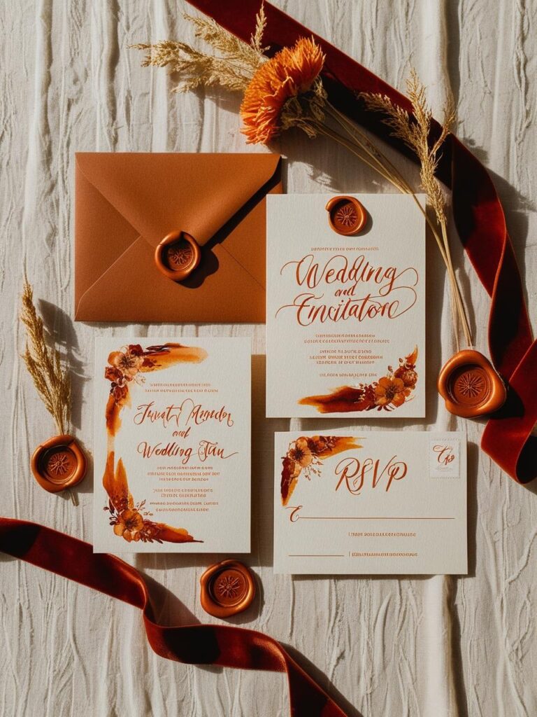 Wedding invitations featuring burnt orange and vintage-inspired wax seals
