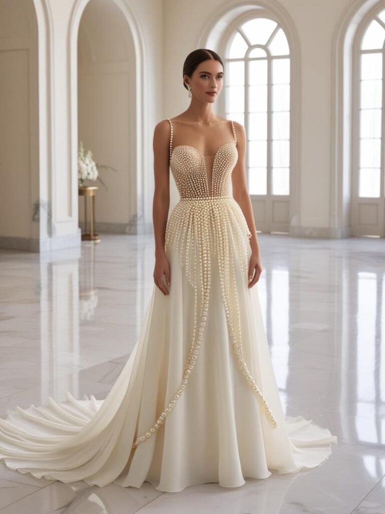 A 2025 bridal gown adorned with pearl embellishments