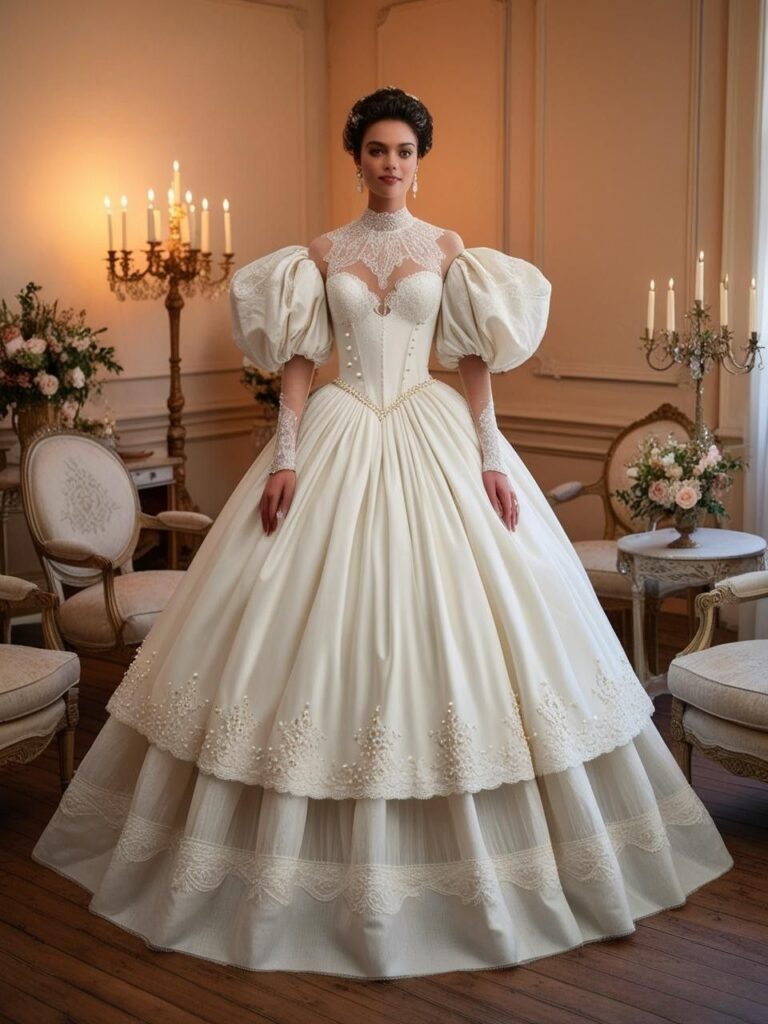 A 2025 bridal gown with delicate 19th-century high lace neckline and puff sleeves