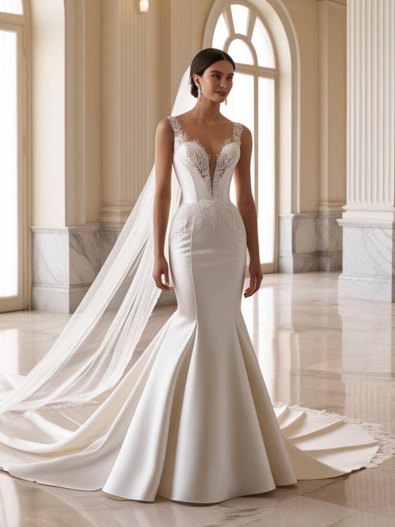 A 2025 bridal gown featuring a basque waist design