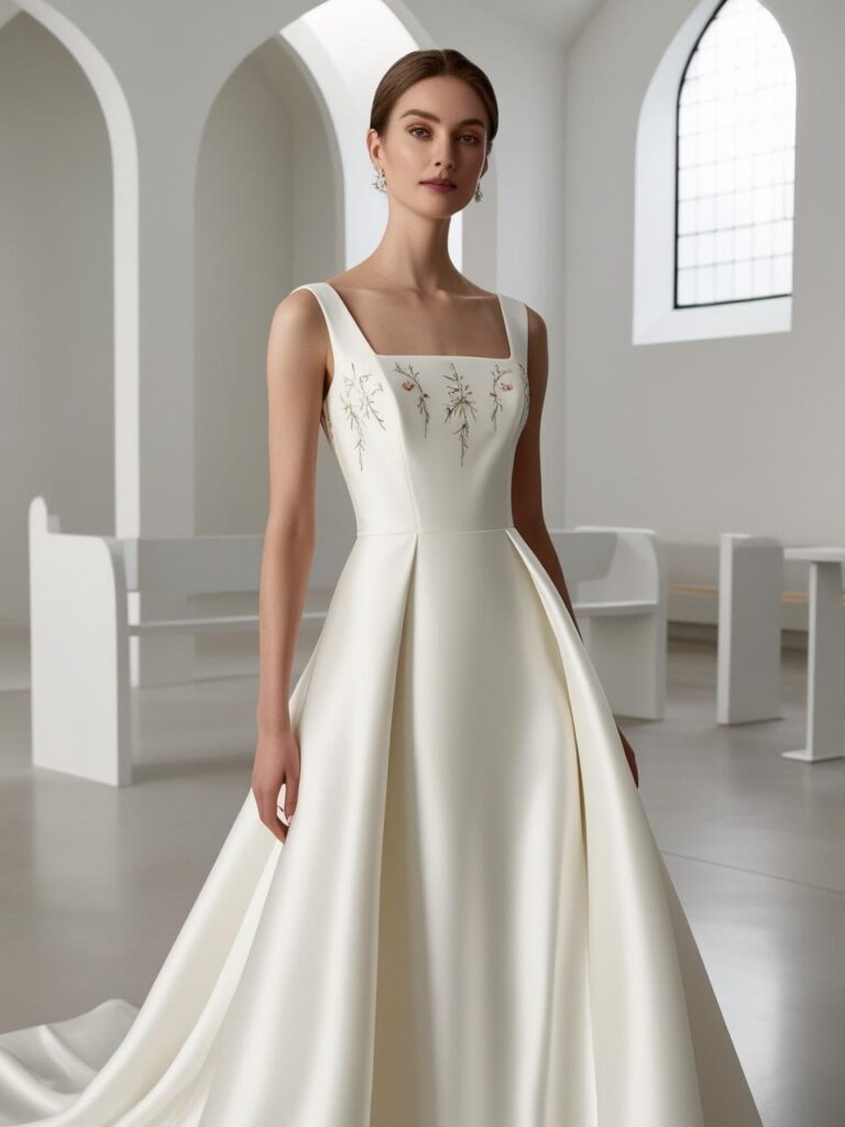 A 2025 bridal gown featuring a chic square neckline