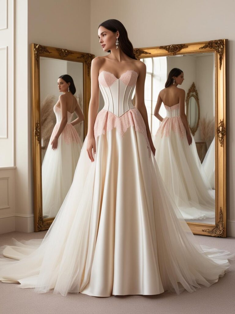 A 2025 bridal gown featuring a structured corset bodice