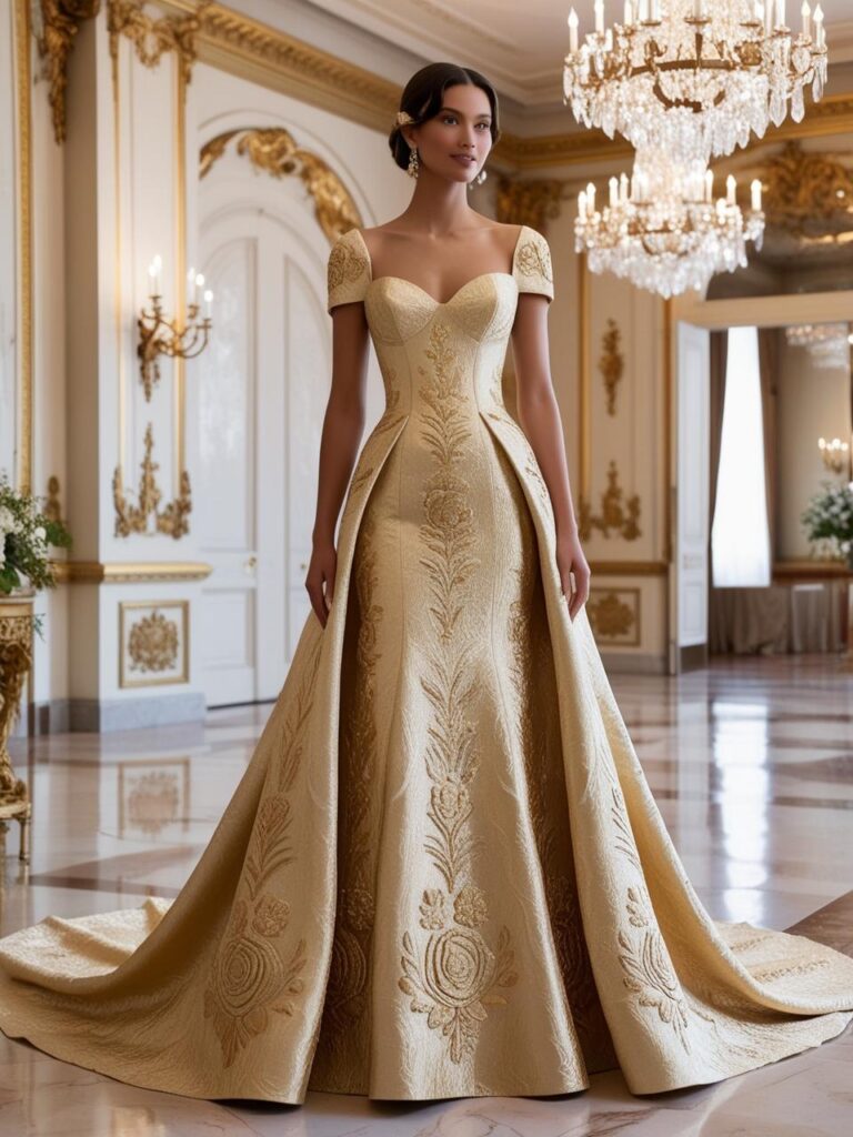 A 2025 bridal gown made from luxurious brocade fabric