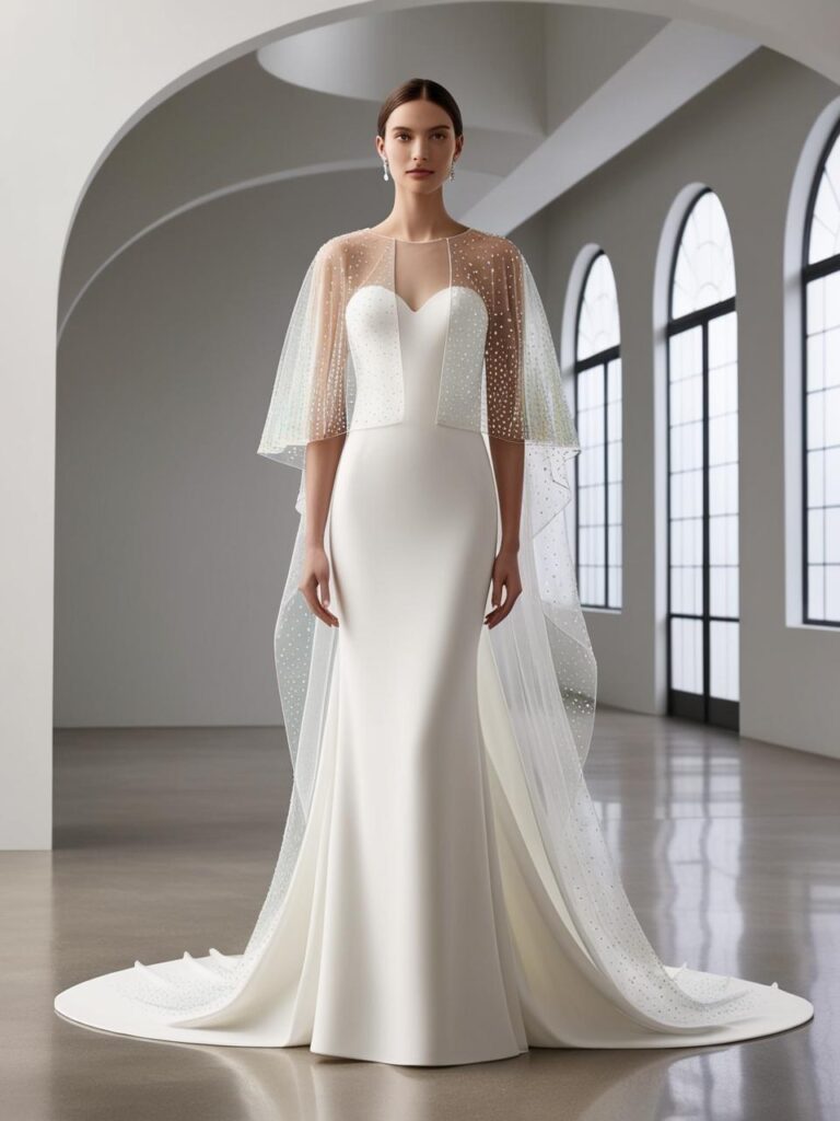 A 2025 bridal gown with a flowing sheer cape