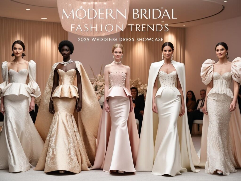 A modern bridal fashion showcase featuring 2025 wedding dress trends