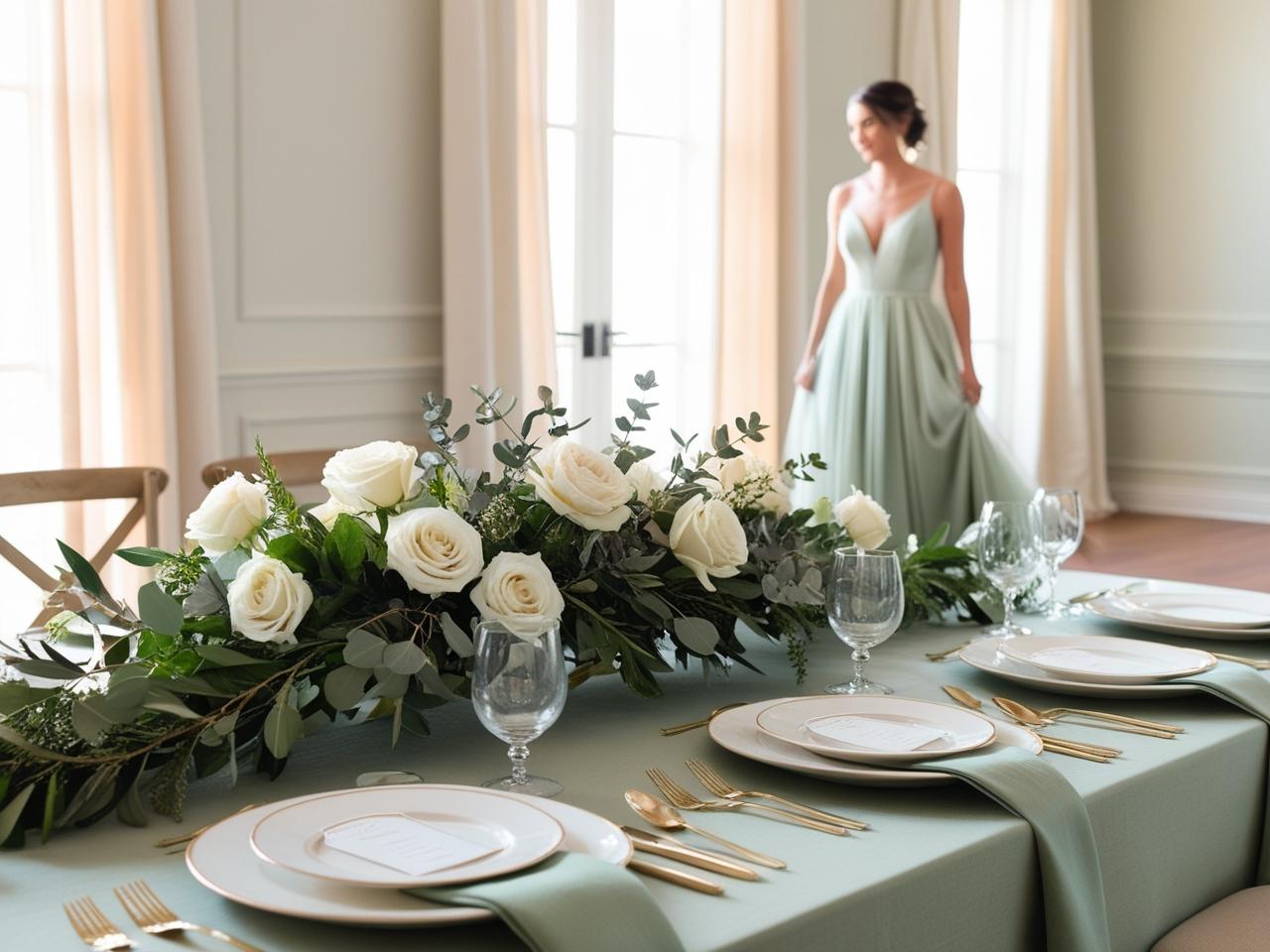 A styled wedding table featuring sage green