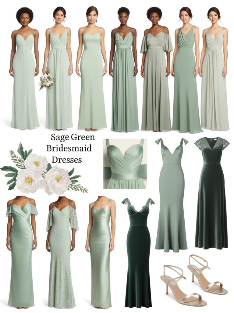 Visual mood board showcasing sage green dresses for wedding parties