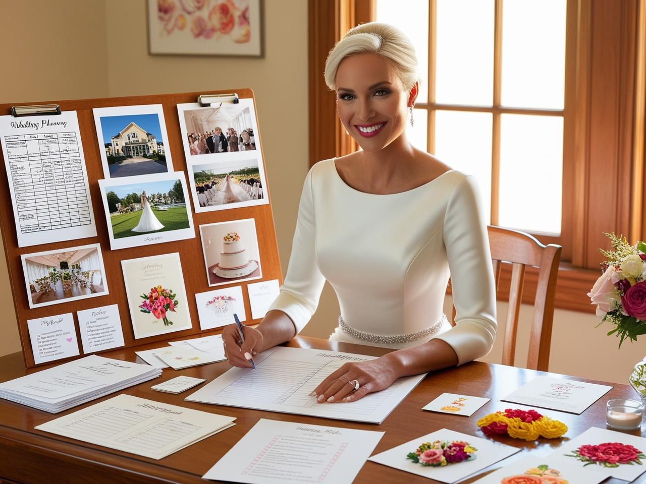 A bride confidently planning her wedding at a desk with organized checklist, budget sheet, venue photos, and inspiration boards, representing the comprehensive approach to stress-free wedding preparation described in the article.