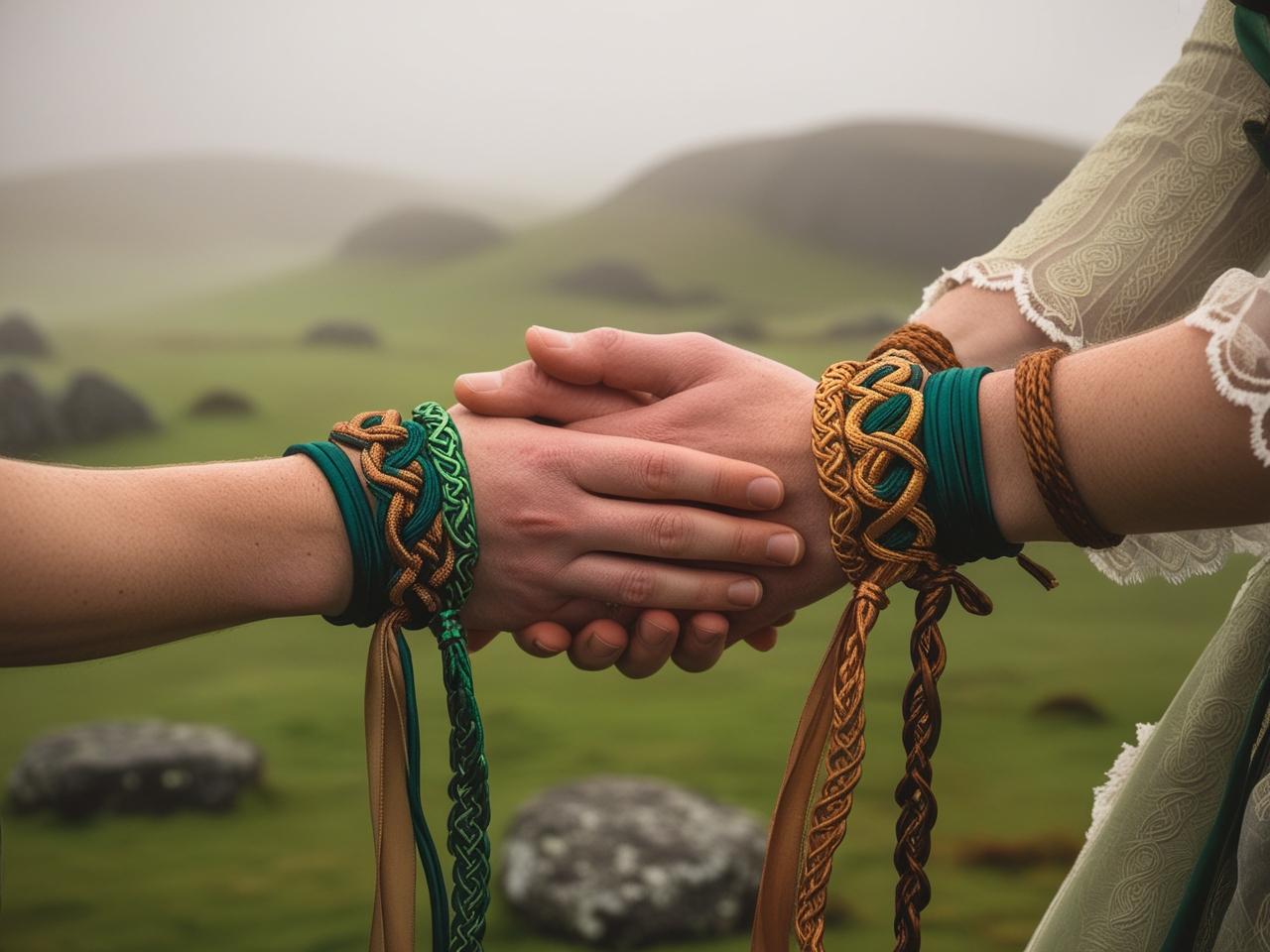 A photograph depicting a couple's hands gently bound together with multiple colorful silk and Celtic-inspired ribbons