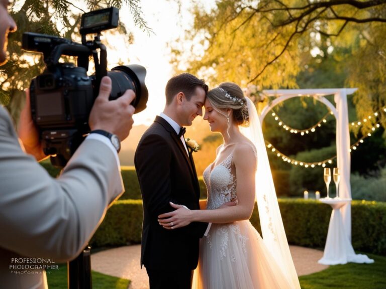 A professional photographer capturing an intimate moment between a bride and groom