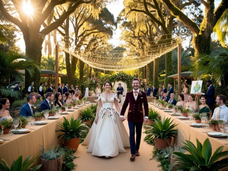 A lush outdoor wedding venue bathed in golden sunlight with a canopy of fairy lights a couple stands at the center