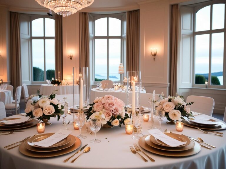 An elegant, intimate wedding scene set in a luxurious venue