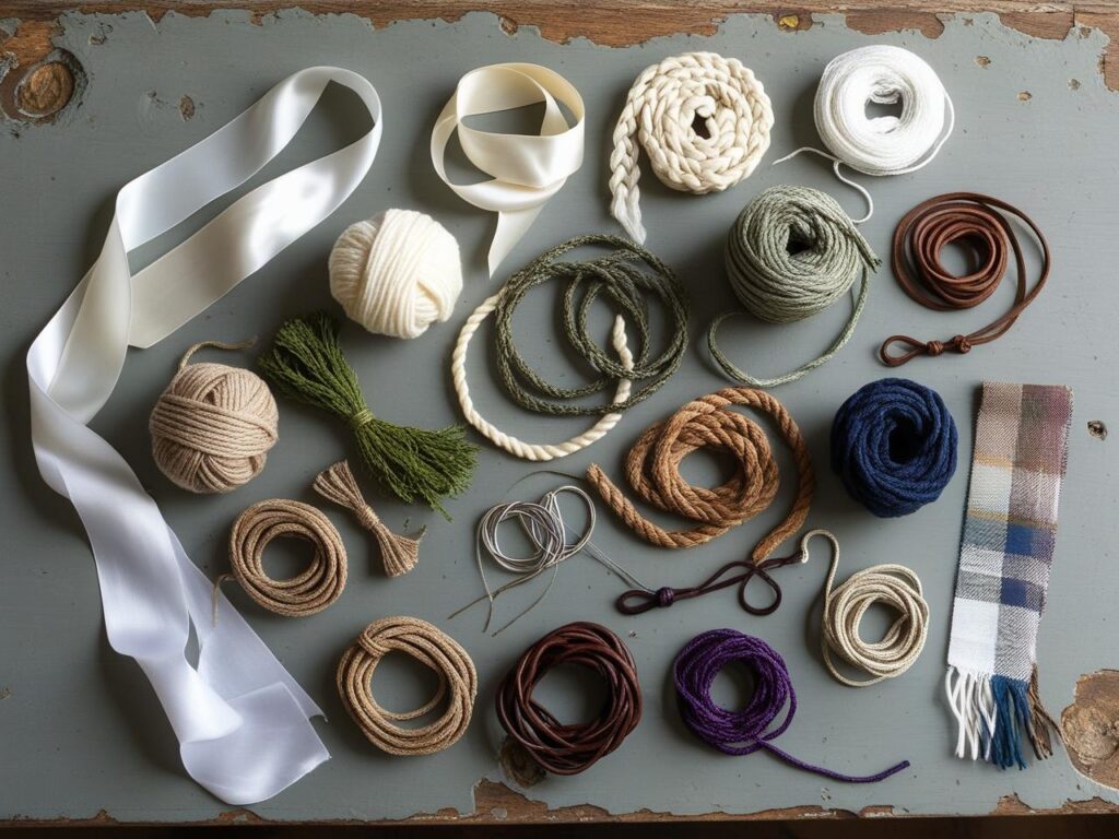 Flat lay composition showcasing a diverse collection of handfasting cords