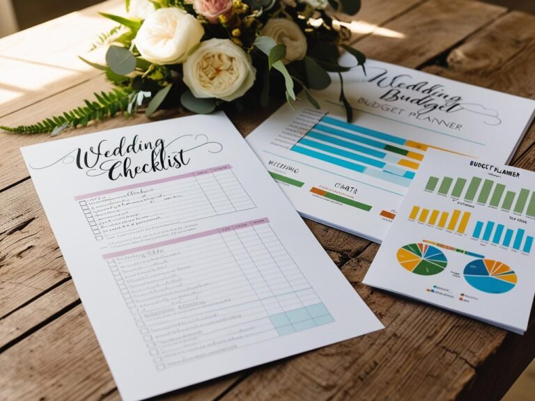 Organized wedding checklist and budget planner on a table.