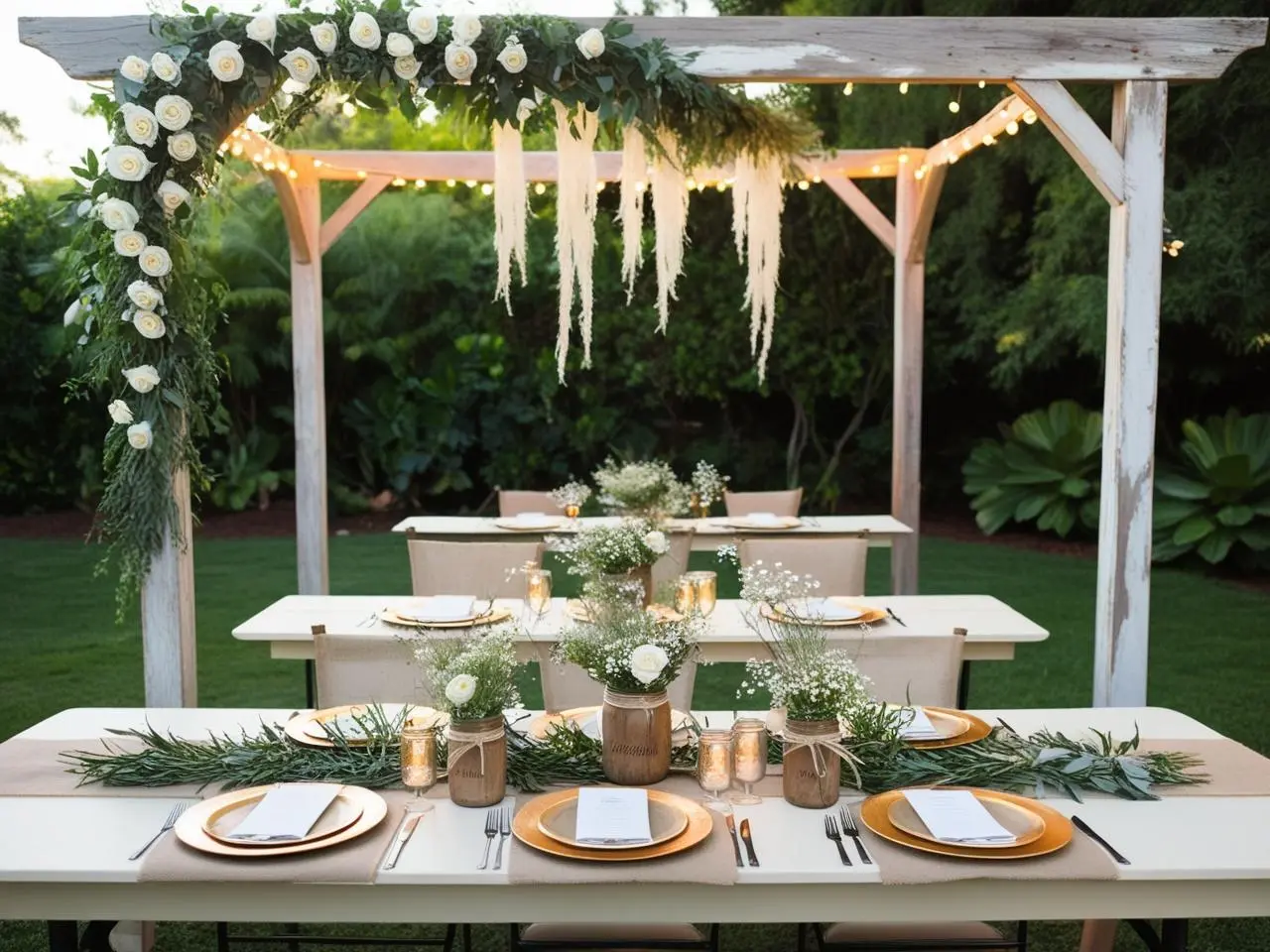 A rustic outdoor wedding setup featuring a wooden arch decorated with white florals and greenery, a banquet table with mason jar centerpieces, and fairy lights. Perfect inspiration for budget-friendly yet stunning wedding decorations.