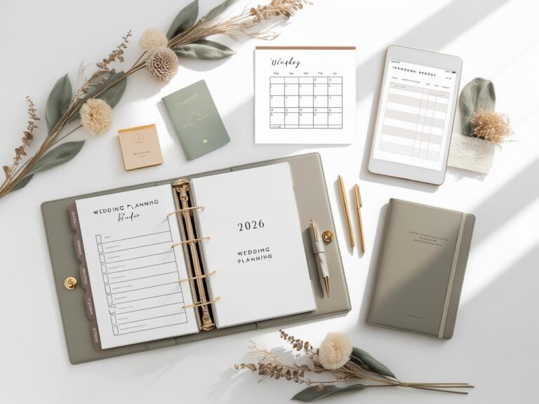 Flat lay of 2026 wedding planning items including a checklist binder, marked calendar, passport, tablet with budget sheet, dried flowers, and neutral-toned stationery in soft natural lighting.