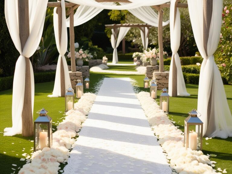 Outdoor wedding aisle set in a sunlit garden